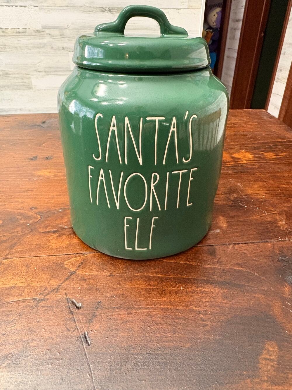 Rae Dunn Santa’s Favorite Elf Green Christmas Canister Large Magenta